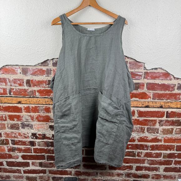 Vintage Linen Dress One Size Adjustable Grey Sleeveless Pockets Buttons Italy - Picture 1 of 6